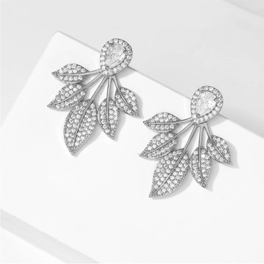 Diamond Leaf Floral Crystal Bohemian Gold 925 Sterling Silver Festival Earring - Picture 3 of 6